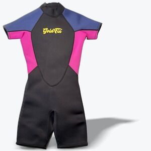 GoldFin Womens Shorty Wetsuit Small Black Pink Blue Neoprene Front Zip Surf Swim